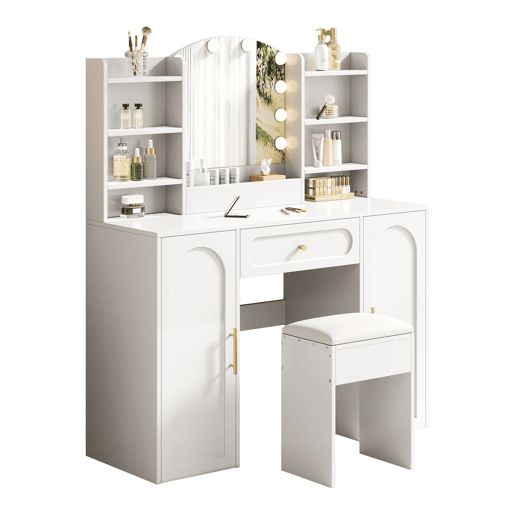 Tocador grande 110x40x132 cm - LED ajustável, espelho, banco, 1 gaveta, 2 portas - Branco
