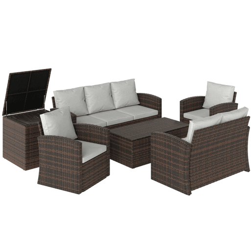Outsunny Conjunto de Jardim Exterior de Vime, Terraço, Móveis de Jardim Exterior 6 Peças com Almofadas Sofá Duplo Sofá de 3 Lugares 2 Poltronas 2 Mesas Auxiliares com Armazenamento Bege