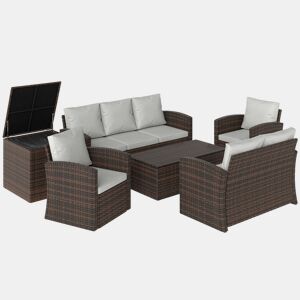 Outsunny Conjunto de Jardim Exterior de Vime, Terraço, Móveis de Jardim Exterior 6 Peças com Almofadas Sofá Duplo Sofá de 3 Lugares 2 Poltronas 2 Mesas Auxiliares com Armazenamento Bege