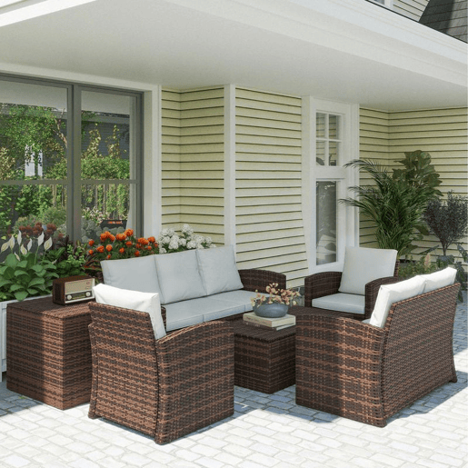 Outsunny Conjunto de Jardim Exterior de Vime, Terraço, Móveis de Jardim Exterior 6 Peças com Almofadas Sofá Duplo Sofá de 3 Lugares 2 Poltronas 2 Mesas Auxiliares com Armazenamento Bege