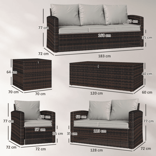 Outsunny Conjunto de Jardim Exterior de Vime, Terraço, Móveis de Jardim Exterior 6 Peças com Almofadas Sofá Duplo Sofá de 3 Lugares 2 Poltronas 2 Mesas Auxiliares com Armazenamento Bege