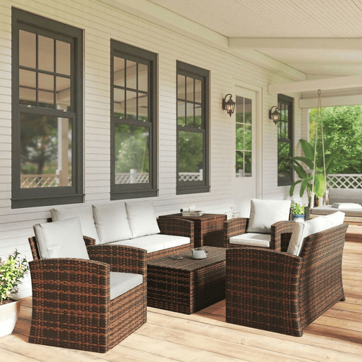 Outsunny Conjunto de Jardim Exterior de Vime, Terraço, Móveis de Jardim Exterior 6 Peças com Almofadas Sofá Duplo Sofá de 3 Lugares 2 Poltronas 2 Mesas Auxiliares com Armazenamento Bege