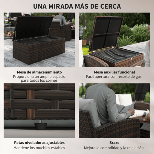 Outsunny Conjunto de Jardim Exterior de Vime, Terraço, Móveis de Jardim Exterior 6 Peças com Almofadas Sofá Duplo Sofá de 3 Lugares 2 Poltronas 2 Mesas Auxiliares com Armazenamento Bege