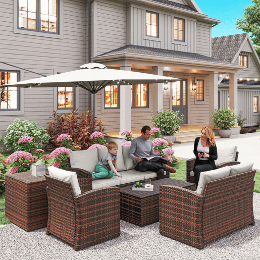 Outsunny Conjunto de Jardim Exterior de Vime, Terraço, Móveis de Jardim Exterior 6 Peças com Almofadas Sofá Duplo Sofá de 3 Lugares 2 Poltronas 2 Mesas Auxiliares com Armazenamento Bege