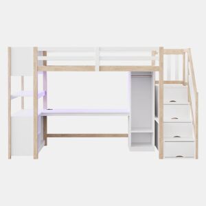 Cama alta de madeira 90x200 cm - secretária e armário com arrumação e LED - branconatural
