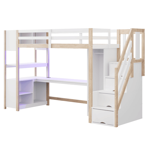 Cama alta de madeira 90x200 cm - secretária e armário com arrumação e LED - branconatural