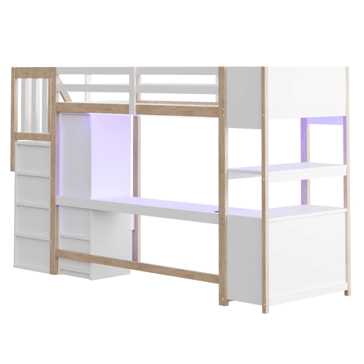 Cama alta de madeira 90x200 cm - secretária e armário com arrumação e LED - branconatural