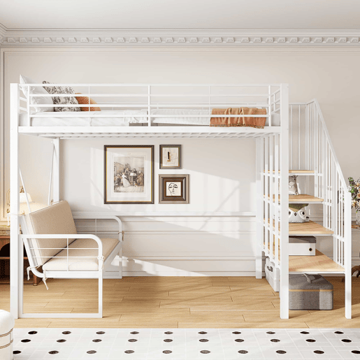 Beliche 140x200 - Estrutura metálica, sofá estofado desmontável, arrumação, escada de segurança - Branco