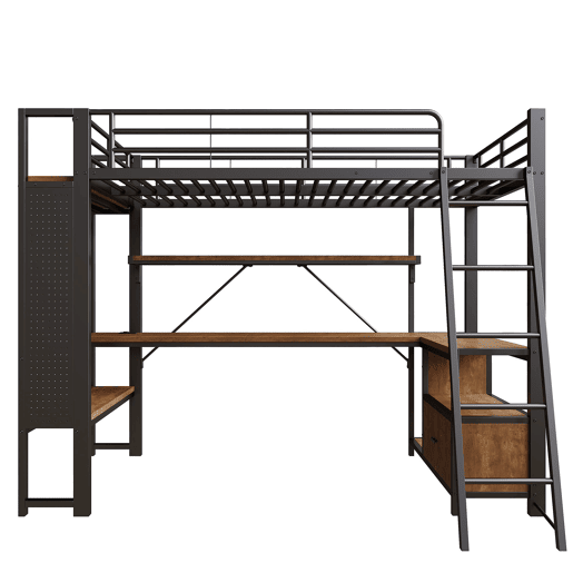 Cama alta 90x200 - Metal, LED, secretária, prateleiras, USB, arrumação - Preto