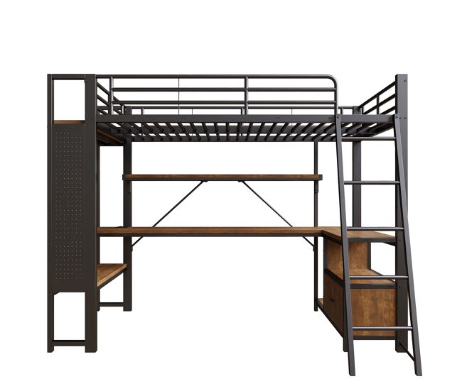 Cama alta 90x200 - metal, led, escritorio, estanterías, usb, almacenamiento - negro