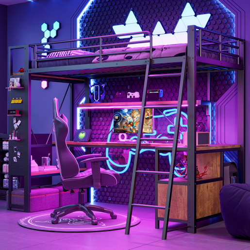 Cama alta 90x200 - Metal, LED, secretária, prateleiras, USB, arrumação - Preto