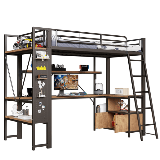 Cama alta 90x200 - Metal, LED, secretária, prateleiras, USB, arrumação - Preto