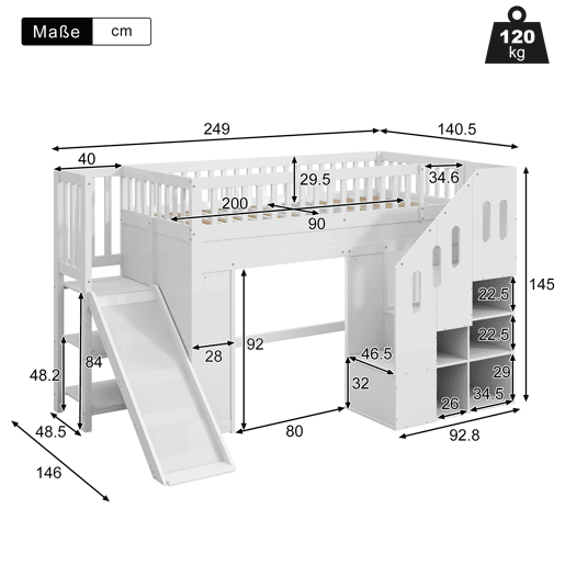Cama alta infantil 90x200 - com escorregador, corrimão e escada com arrumação, LED - branco Cama alta infantil 90x200 - com escorregador, corrimão e escada com arrumação, LED - branco