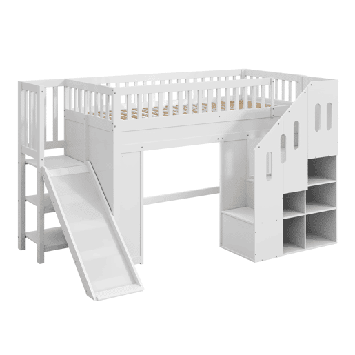 Cama alta infantil 90x200 - com escorregador, corrimão e escada com arrumação, LED - branco Cama alta infantil 90x200 - com escorregador, corrimão e escada com arrumação, LED - branco
