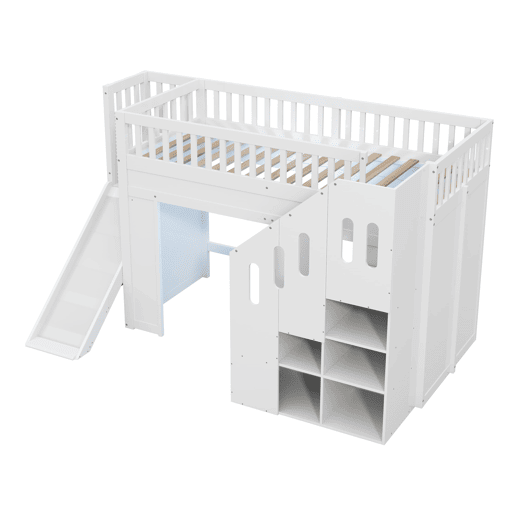 Cama alta infantil 90x200 - com escorregador, corrimão e escada com arrumação, LED - branco Cama alta infantil 90x200 - com escorregador, corrimão e escada com arrumação, LED - branco