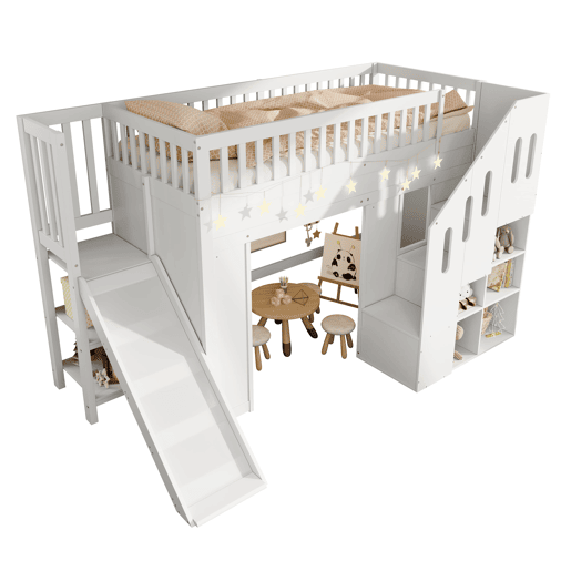 Cama alta infantil 90x200 - com escorregador, corrimão e escada com arrumação, LED - branco Cama alta infantil 90x200 - com escorregador, corrimão e escada com arrumação, LED - branco