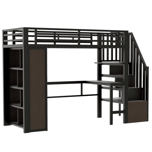 Cama alta 90x200 cm - Estrutura de ferro com secretária, prateleira, LED e escada com arrumação - Preto