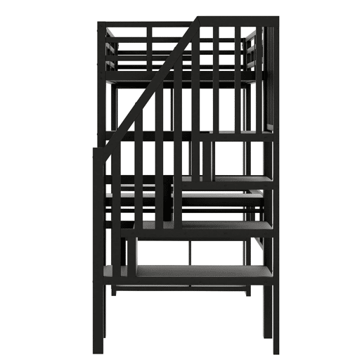 Cama alta 90x200 cm - Estrutura de ferro com secretária, prateleira, LED e escada com arrumação - Preto