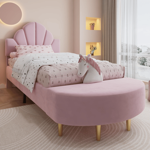 Cama individual estofada 90x200 - Cabeceira em veludo, banco a condizer, estrutura estável - Rosa