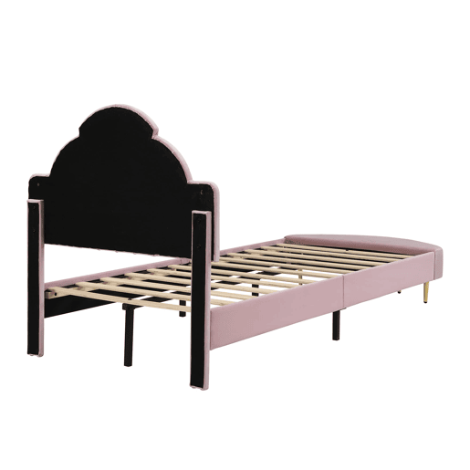 Cama individual estofada 90x200 - Cabeceira em veludo, banco a condizer, estrutura estável - Rosa