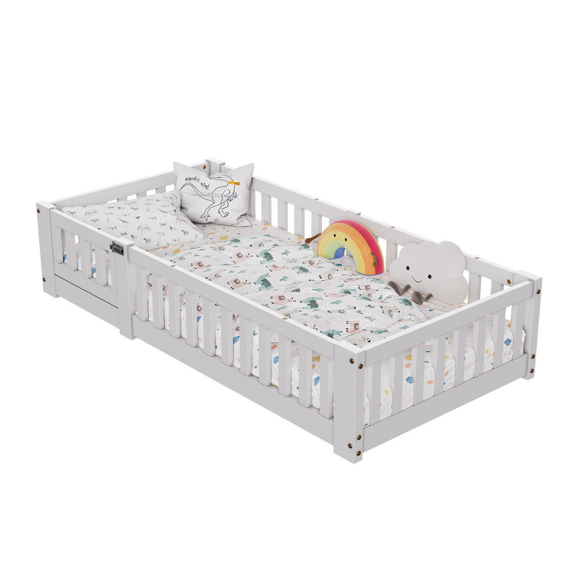 Cama infantil tipo cabaña de madera con protección anticaídas y base 85x164