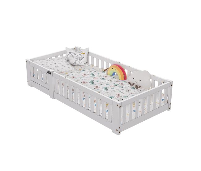 Cama infantil tipo cabaña de 80×160 cm en pino macizo con barandilla de seguridad y somier de láminas – Blanca, estilo divertido