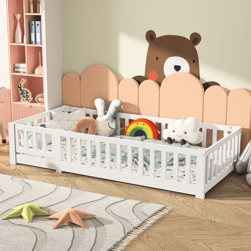 Cama cabana infantil 80x160 cm - pinho maciço - proteção antiqueda - estrado de ripas - branca - estilo lúdico