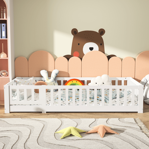 Cama cabana infantil 80x160 cm - pinho maciço - proteção antiqueda - estrado de ripas - branca - estilo lúdico