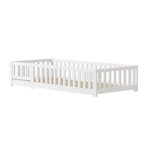 Cama cabana infantil 80x160 cm - pinho maciço - proteção antiqueda - estrado de ripas - branca - estilo lúdico