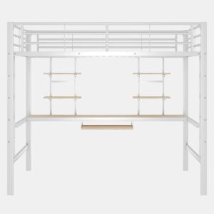 Cama alta 140x200 - com secretária e 2 estantes, metálica - branca