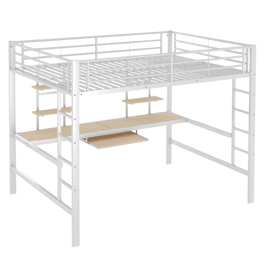 Cama alta 140x200 - com secretária e 2 estantes, metálica - branca