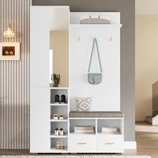 Conjunto de hall de entrada 120x35x190 cm - armário, cabide, sapateira, espelho, 3 ganchos, 2 gavetas - Branco