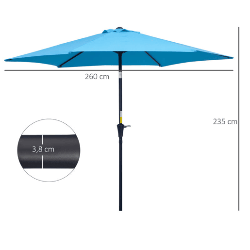Outsunny Chapéu de Sol de Jardim Ø260x235 cm Chapéu de Sol Reclinável com Manivela Mastro Desmontável em Alumínio e 6 Varetas de Metal para Terraço Exterior Varanda Azul