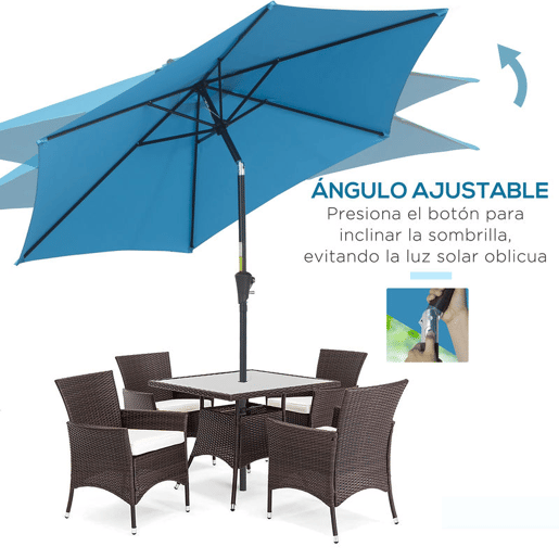 Outsunny Chapéu de Sol de Jardim Ø260x235 cm Chapéu de Sol Reclinável com Manivela Mastro Desmontável em Alumínio e 6 Varetas de Metal para Terraço Exterior Varanda Azul