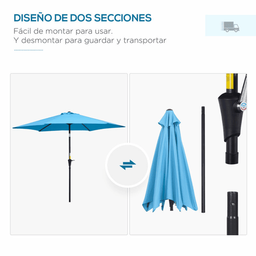 Outsunny Chapéu de Sol de Jardim Ø260x235 cm Chapéu de Sol Reclinável com Manivela Mastro Desmontável em Alumínio e 6 Varetas de Metal para Terraço Exterior Varanda Azul