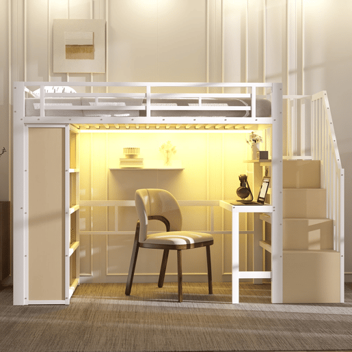 Cama alta 90x200 - estrutura de ferro, secretária, prateleira, LED e escada com arrumação - Branco