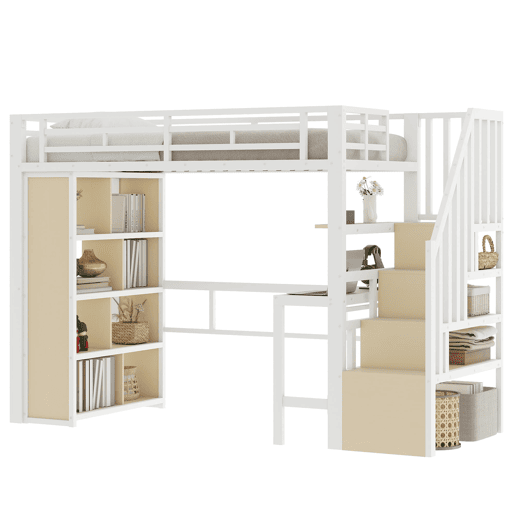 Cama alta 90x200 - estrutura de ferro, secretária, prateleira, LED e escada com arrumação - Branco