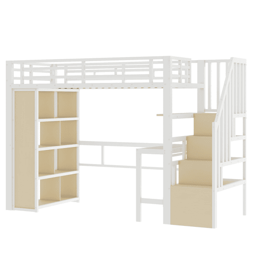 Cama alta 90x200 - estrutura de ferro, secretária, prateleira, LED e escada com arrumação - Branco
