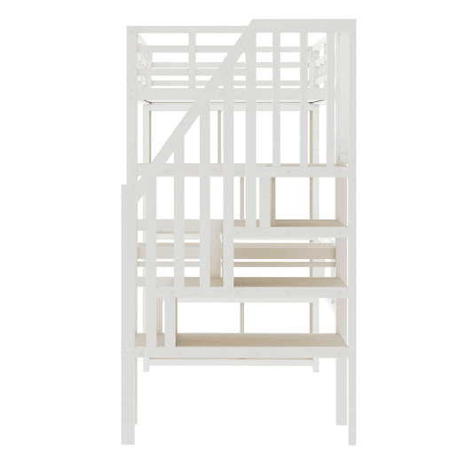 Cama alta 90x200 - estrutura de ferro, secretária, prateleira, LED e escada com arrumação - Branco