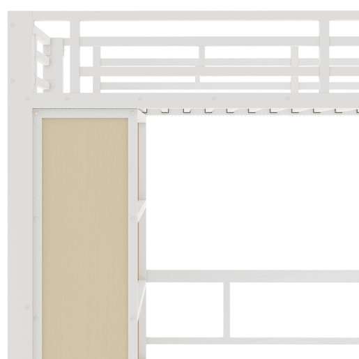 Cama alta 90x200 - estrutura de ferro, secretária, prateleira, LED e escada com arrumação - Branco