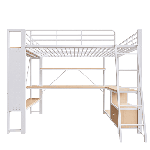 Cama alta 140x200 - estrutura metálica, LED, secretária, prateleiras, arrumação, USB - Branco