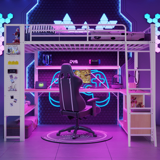 Cama alta 140x200 - estrutura metálica, LED, secretária, prateleiras, arrumação, USB - Branco