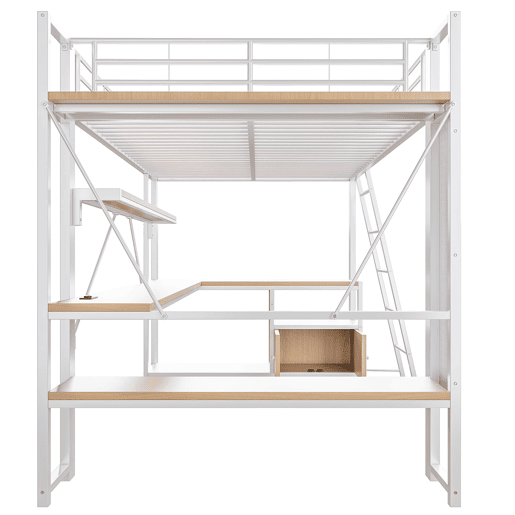 Cama alta 140x200 - estrutura metálica, LED, secretária, prateleiras, arrumação, USB - Branco