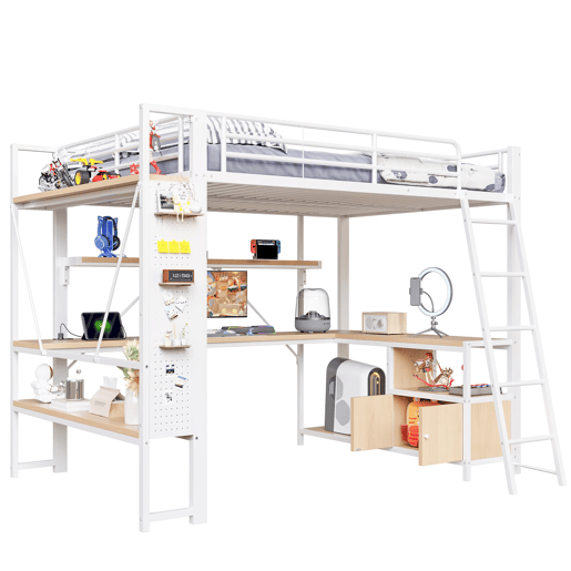Cama alta 140x200 - estrutura metálica, LED, secretária, prateleiras, arrumação, USB - Branco
