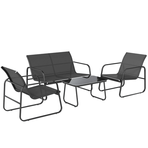 Outsunny Conjunto Jardim de 4 Peças Móveis Exterior com Sofá de 2 Lugares 2 Poltronas Mesa de Vidro Temperado Tecido Textilene Respirável Estrutura de Aço Cinza Escuro