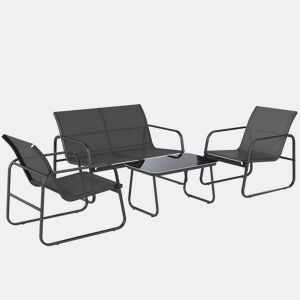 Outsunny Conjunto Jardim de 4 Peças Móveis Exterior com Sofá de 2 Lugares 2 Poltronas Mesa de Vidro Temperado Tecido Textilene Respirável Estrutura de Aço Cinza Escuro