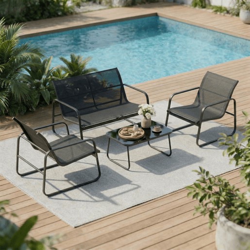 Outsunny Conjunto Jardim de 4 Peças Móveis Exterior com Sofá de 2 Lugares 2 Poltronas Mesa de Vidro Temperado Tecido Textilene Respirável Estrutura de Aço Cinza Escuro