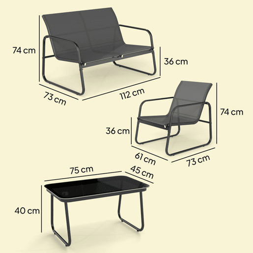 Outsunny Conjunto Jardim de 4 Peças Móveis Exterior com Sofá de 2 Lugares 2 Poltronas Mesa de Vidro Temperado Tecido Textilene Respirável Estrutura de Aço Cinza Escuro
