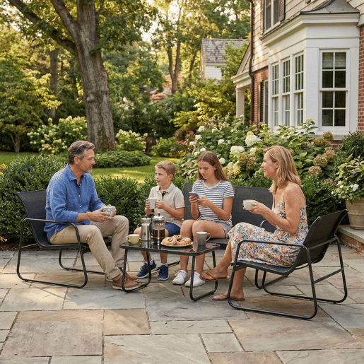 Outsunny Conjunto Jardim de 4 Peças Móveis Exterior com Sofá de 2 Lugares 2 Poltronas Mesa de Vidro Temperado Tecido Textilene Respirável Estrutura de Aço Cinza Escuro