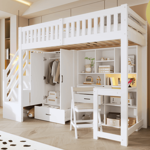 Cama alta 90x200 cm - Escada com arrumação, armário, secretária, gavetas, prateleiras - Branco Cama alta 90x200 cm - Escada com arrumação, armário, secretária, gavetas, prateleiras - Branco